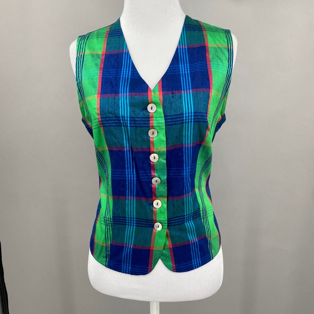 Vtg Worthington Plaid Silk Vest Womens Petite Medium Blue Green Button Academia